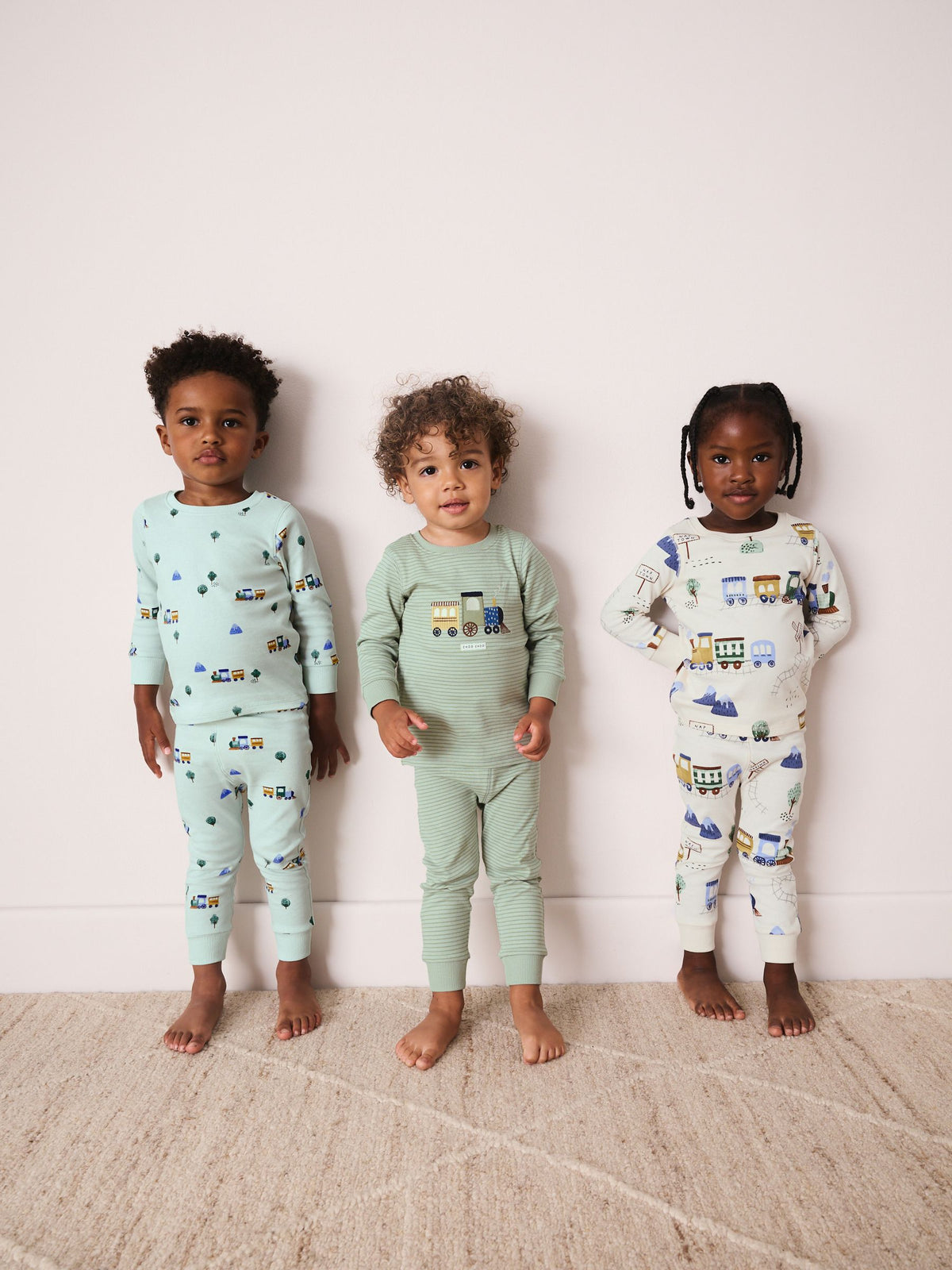 Green/Ecru Train Mini Print Snuggle Pyjamas 3 Pack (9mths-10yrs) - image 1
