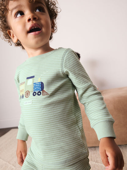 Green/Ecru Train Mini Print Snuggle Pyjamas 3 Pack (9mths-10yrs) - image 2