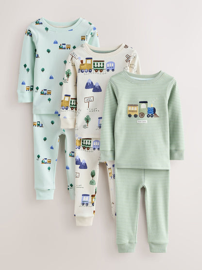 Green/Ecru Train Mini Print Snuggle Pyjamas 3 Pack (9mths-10yrs) - image 5