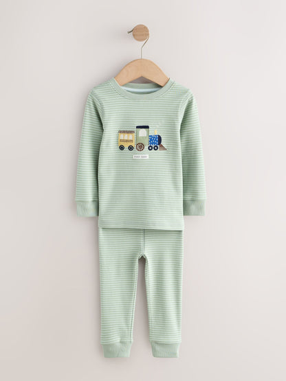 Green/Ecru Train Mini Print Snuggle Pyjamas 3 Pack (9mths-10yrs) - image 6
