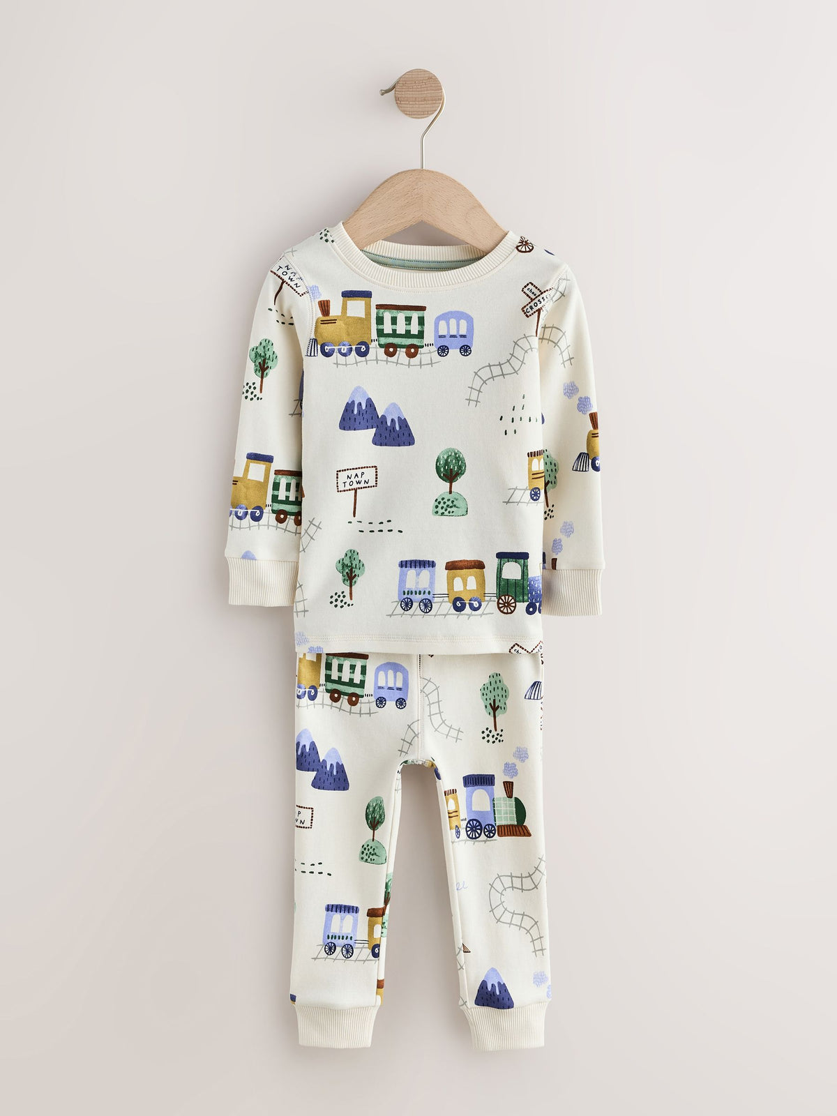 Green/Ecru Train Mini Print Snuggle Pyjamas 3 Pack (9mths-10yrs) - image 7