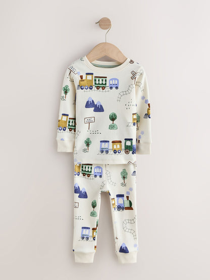 Green/Ecru Train Mini Print Snuggle Pyjamas 3 Pack (9mths-10yrs) - image 7