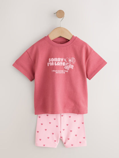 Pink Heart Short Sleeve T-Shirt and Cycle Shorts Set (3mths-7yrs) image 1