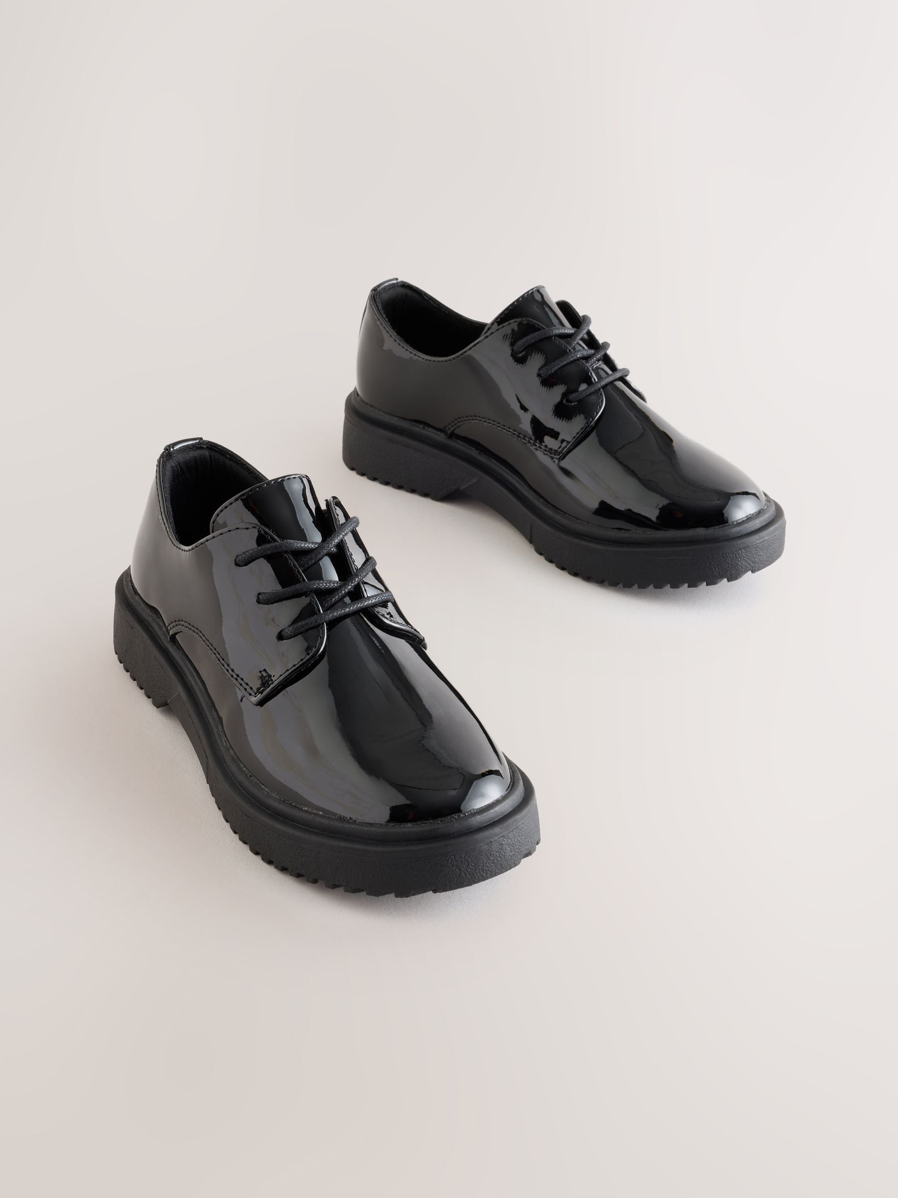 Black Patent Wide Fit (G) School Lace up Chunky Shoes image 1
