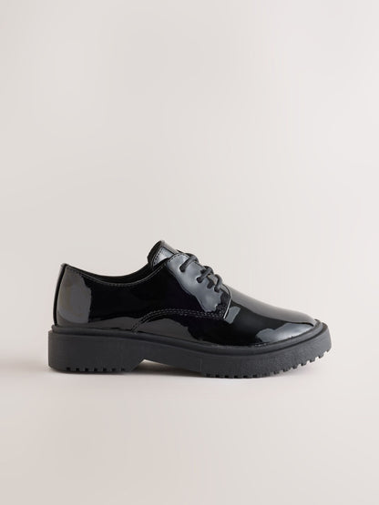 Black Patent Wide Fit (G) School Lace up Chunky Shoes image 2