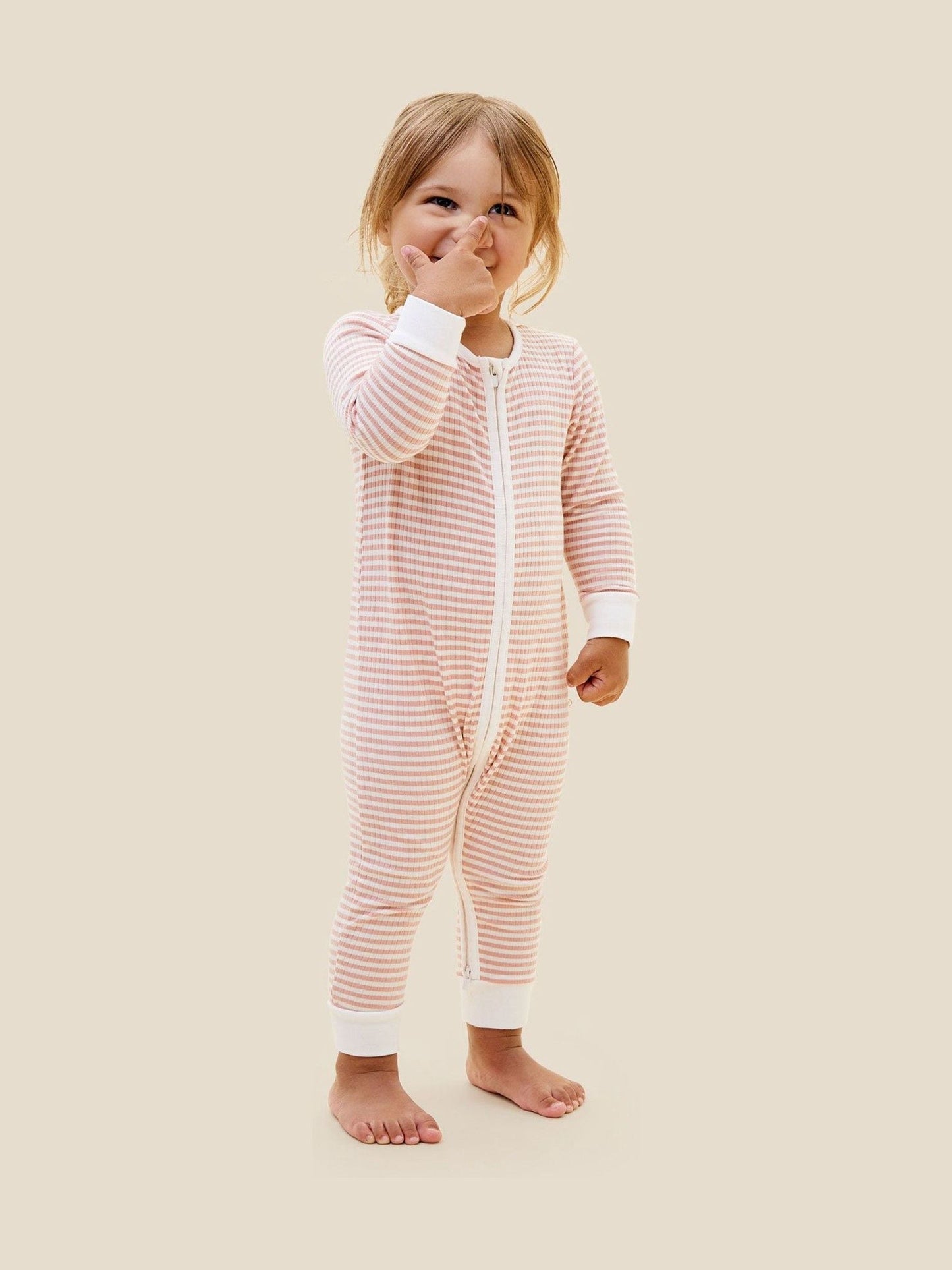 MORI Pink Supersoft Ribbed Stripe Two Way Zip-Up Sleepsuit image 3