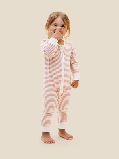 MORI Pink Supersoft Ribbed Stripe Two Way Zip-Up Sleepsuit image 3