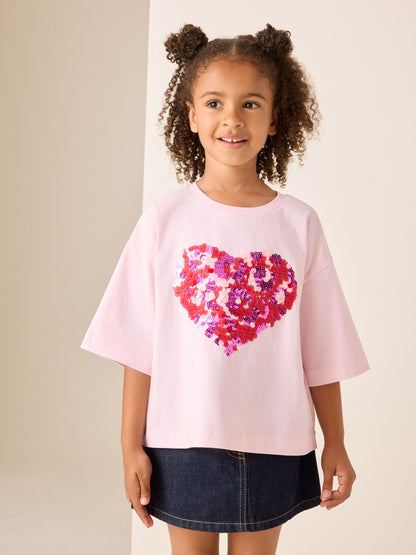 Dsiney Kidz - Pink Animal Boxy Sequin Heart T-Shirt (3-16yrs) image 1