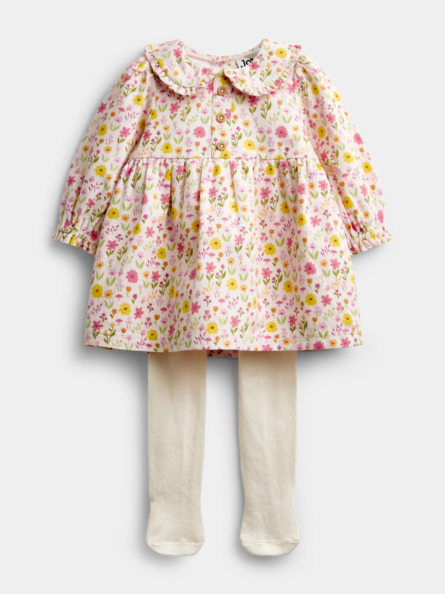 Dsiney Kidz - JoJo Maman Bébé Pink Floral Cord Baby Dress & Tights Set image 1