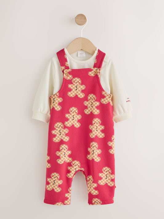 Dsiney Kidz - Red Gingerbread Man Jersey Christmas Dungaree and Bodysuit Baby Set (0mths-3yrs) image 1