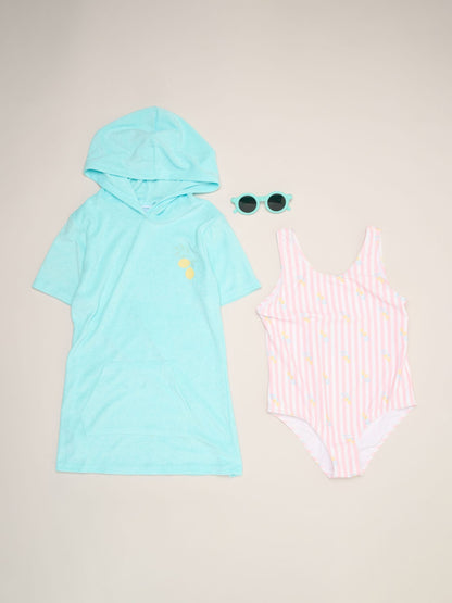 Miss Green Lemon And Stripe Printed Swimsuit With Poncho And Sunglasses image 1
