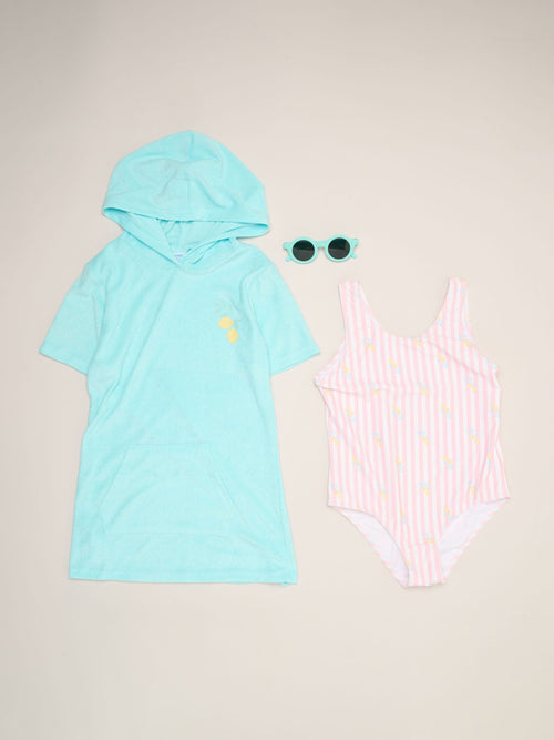 Dsiney Kidz - Miss Green Lemon And Stripe Printed Swimsuit With Poncho And Sunglasses image 1