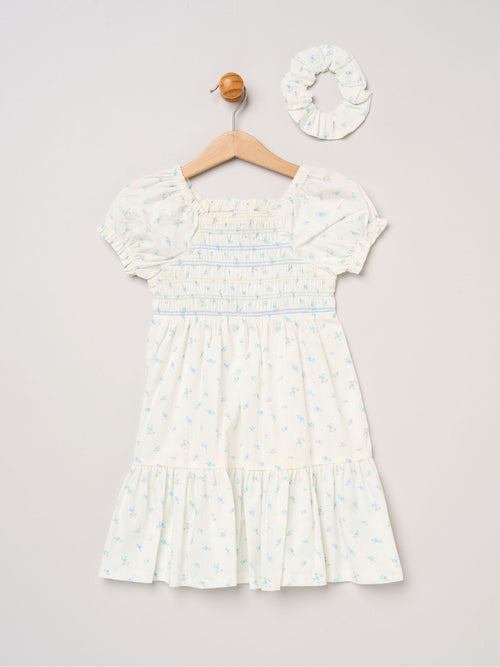 Dsiney Kidz - Miss Blue Ditsy Smocked Embroidery Dress With Matching Scrunchie Set image 1