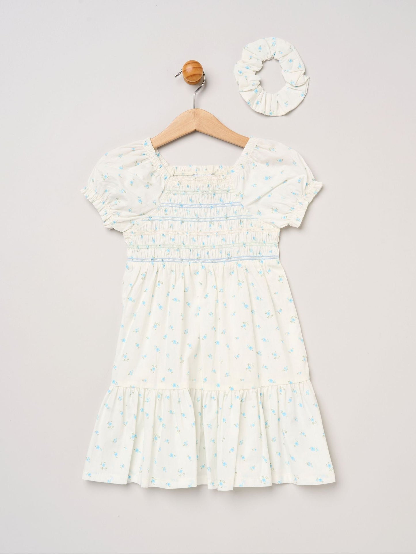 Miss Blue Ditsy Smocked Embroidery Dress With Matching Scrunchie Set image 1