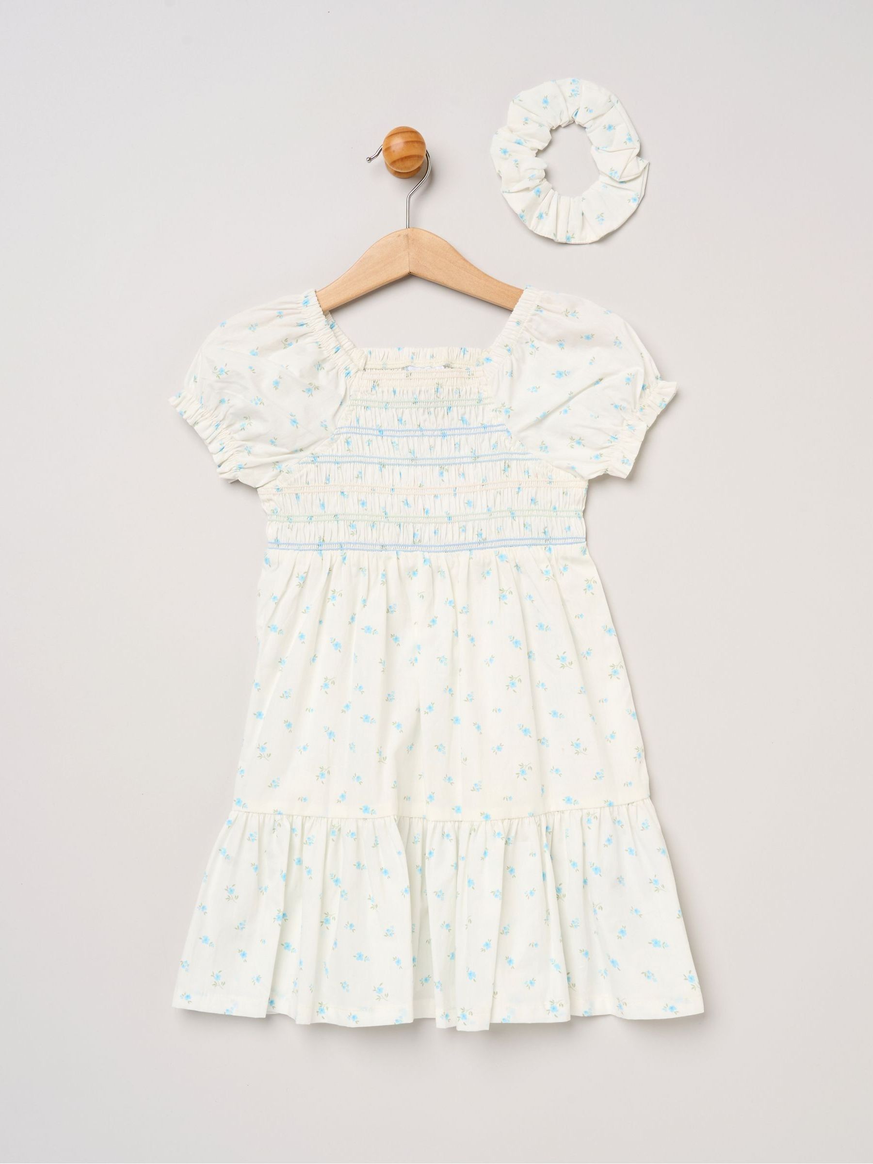 Miss Blue Ditsy Smocked Embroidery Dress With Matching Scrunchie Set image 1