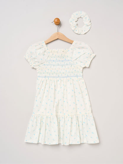 Miss Blue Ditsy Smocked Embroidery Dress With Matching Scrunchie Set image 1