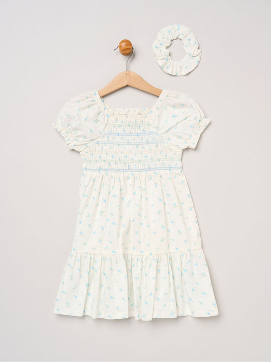 Miss Blue Ditsy Smocked Embroidery Dress With Matching Scrunchie Set image 1