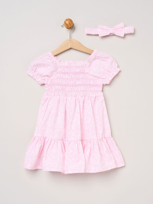 Dsiney Kidz - Miss Pink Floral Smocked Embroidery Dress With Matching Headband Set image 1