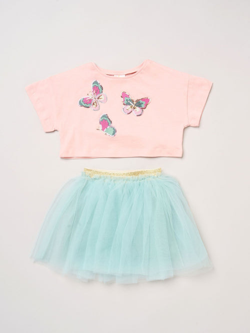 Dsiney Kidz - Miss Baby Pink Bow Applique Short Sleeve T-Shirt And Tutu Skirt Outfit Set image 1