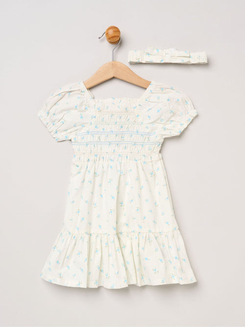 Dsiney Kidz - Miss Blue Ditsy Smocked Embroidery Dress With Matching Headband Set image 1