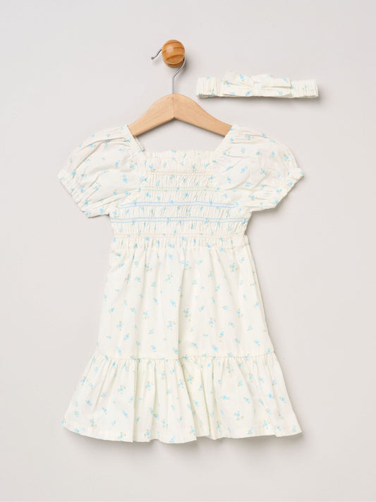 Miss Blue Ditsy Smocked Embroidery Dress With Matching Headband Set image 1
