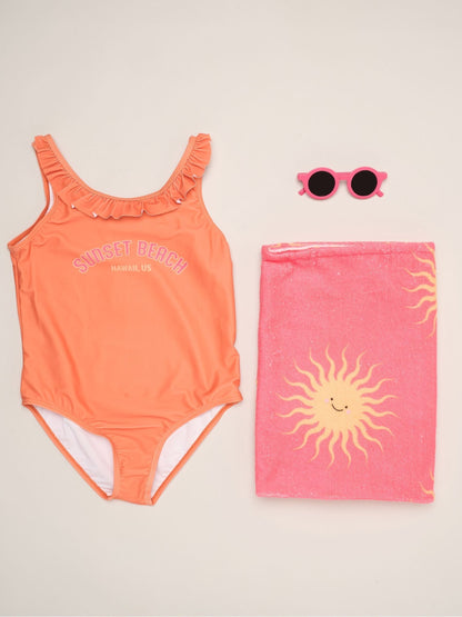 Miss Orange Stripe Swimsuit With Flower Towel And Sunglasses Set image 1
