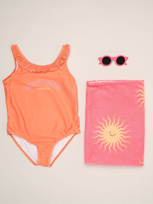 Dsiney Kidz - Miss Orange Stripe Swimsuit With Flower Towel And Sunglasses Set image 1