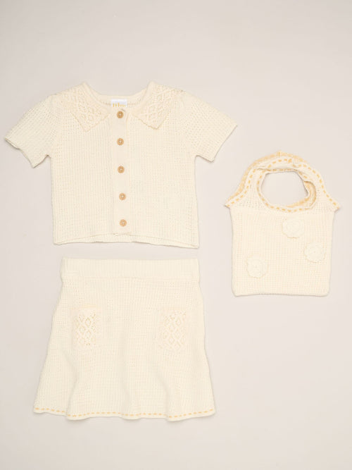 Dsiney Kidz - Miss White Crochet Set With Knit Top, Skirt & Floral Bag 3 Piece image 1