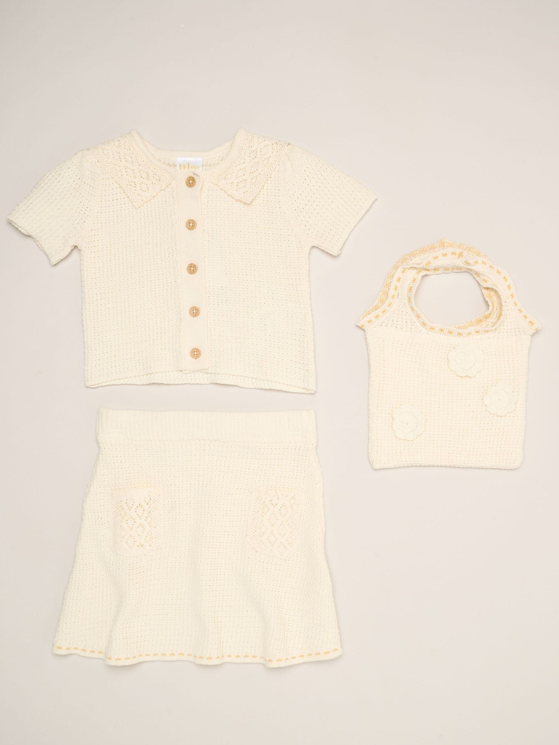 Miss White Crochet Set With Knit Top, Skirt & Floral Bag 3 Piece image 1