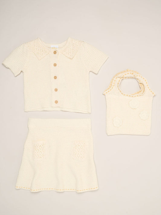 Miss White Crochet Set With Knit Top, Skirt & Floral Bag 3 Piece image 1