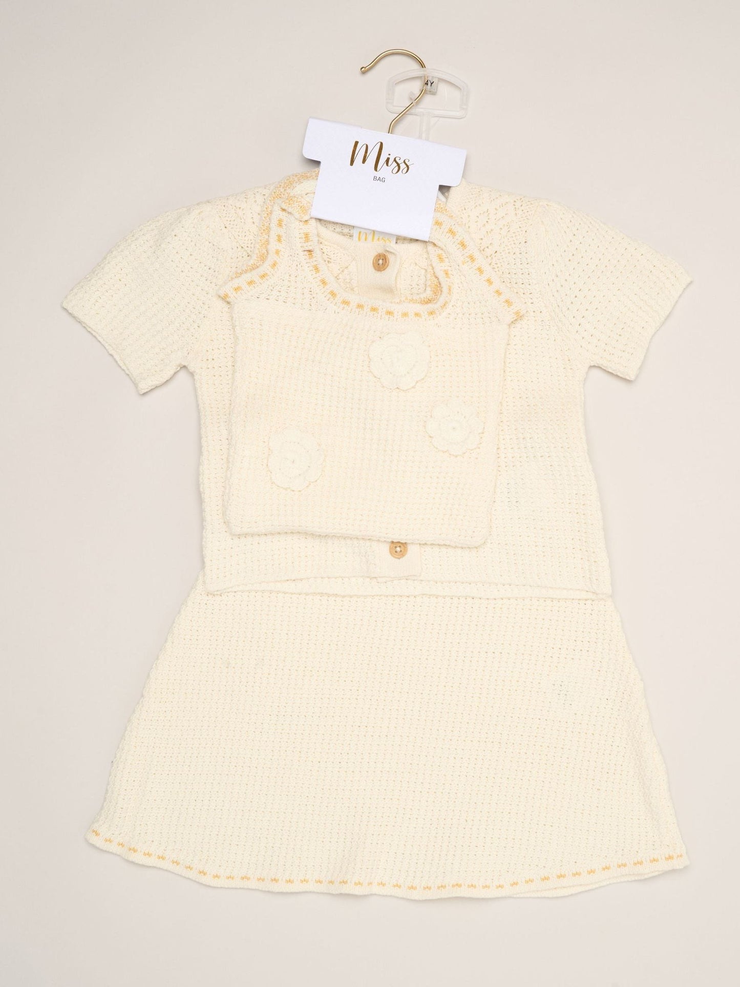 Miss White Crochet Set With Knit Top, Skirt & Floral Bag 3 Piece image 2