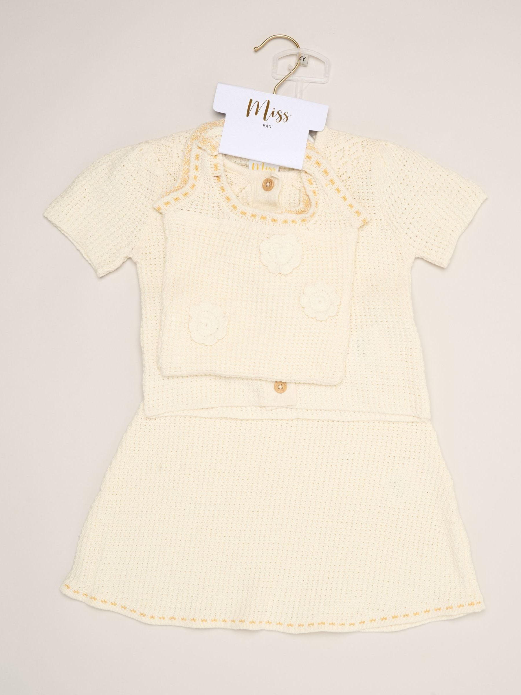 Miss White Crochet Set With Knit Top, Skirt & Floral Bag 3 Piece image 2