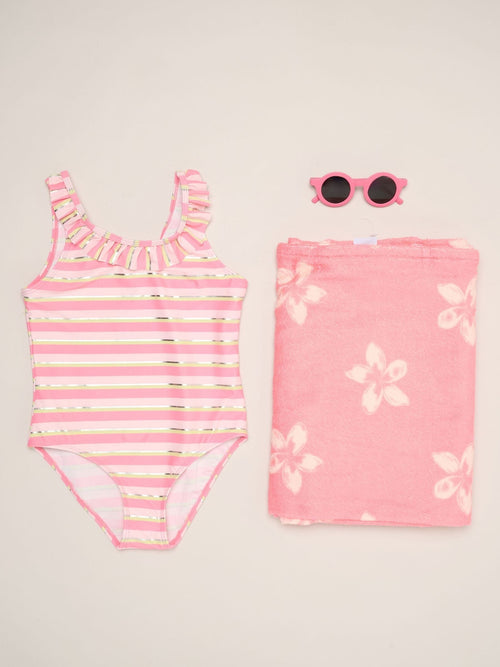Dsiney Kidz - Miss Pink Stripe Swimsuit With Flower Towel And Sunglasses Set image 1