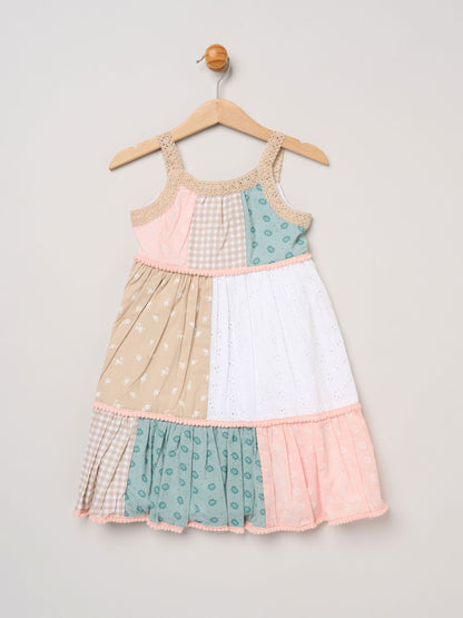 Miss Brown Patchwork Dress With Lace Straps & Pom Pom Trim image 1