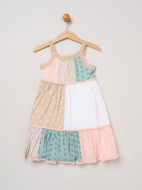 Miss Brown Patchwork Dress With Lace Straps & Pom Pom Trim image 1