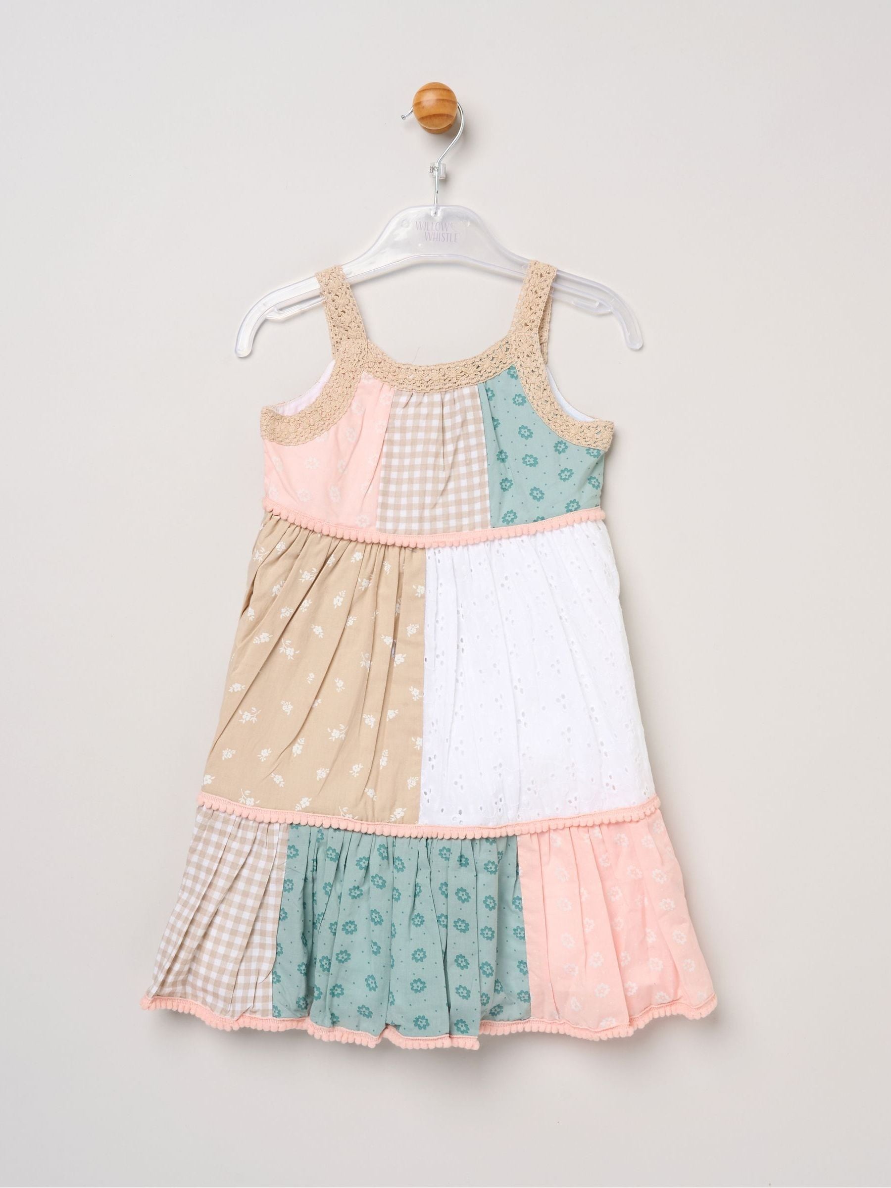 Miss Brown Patchwork Dress With Lace Straps & Pom Pom Trim image 2