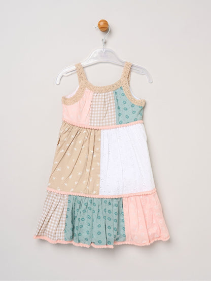 Miss Brown Patchwork Dress With Lace Straps & Pom Pom Trim image 2