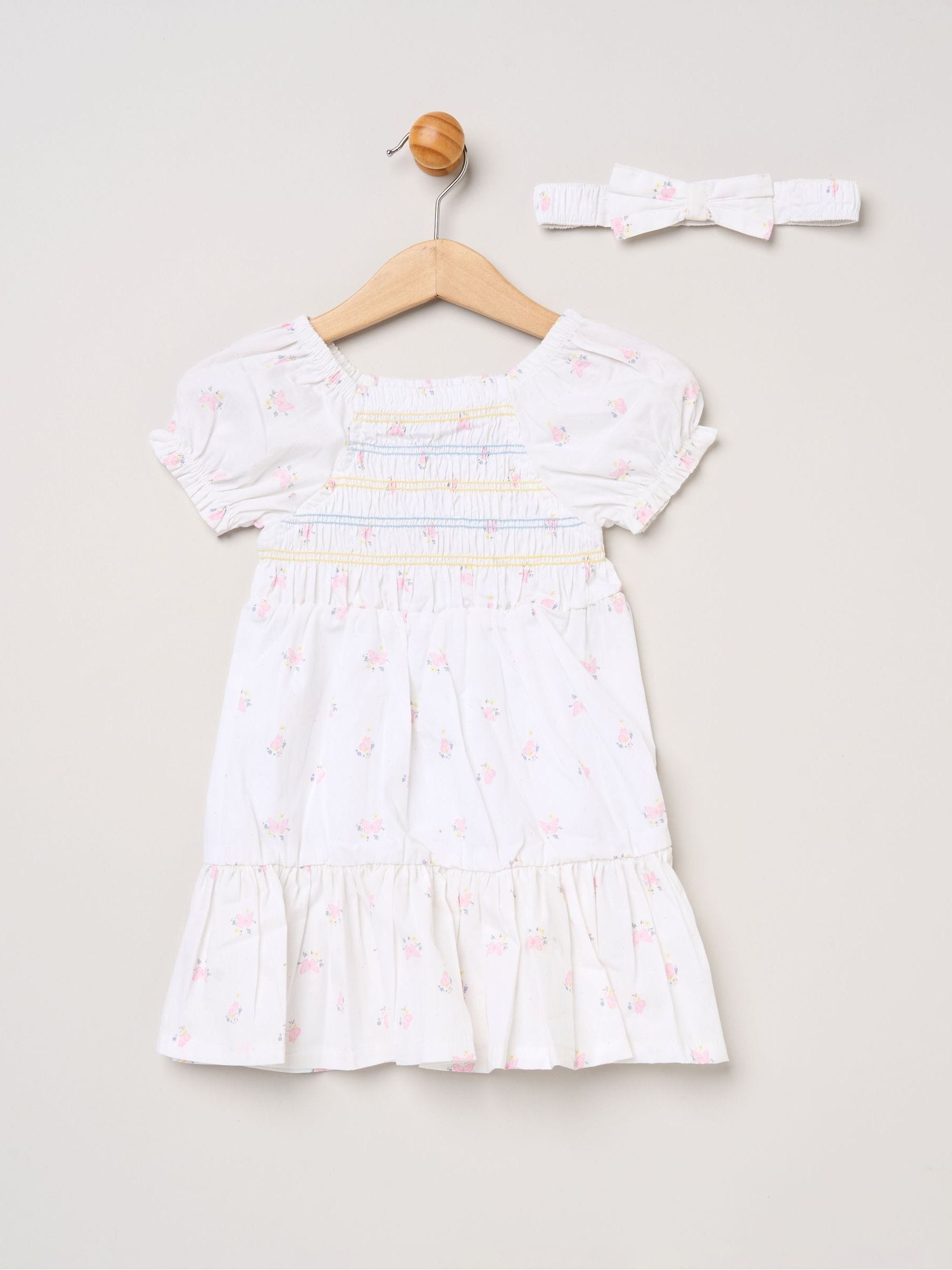 Miss White Butterfly Embroidered Smocked Dress With Headband Set image 1