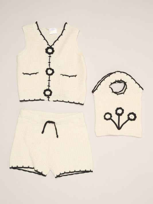Miss White Retro Crochet Set With Vest Top, Shorts & Bag 3 Piece image 1