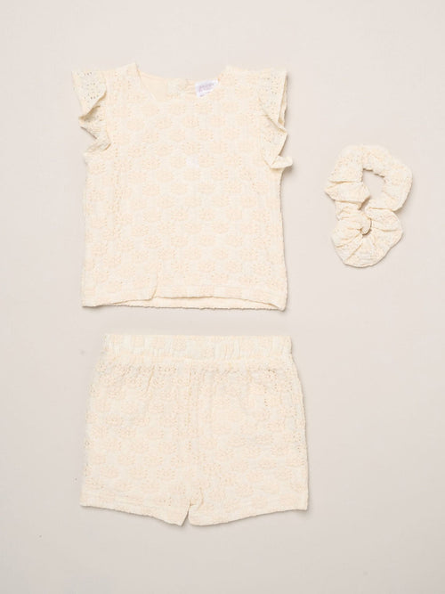 Dsiney Kidz - Miss White Textured Top Shorts And Scrunchie Outfit Set image 1