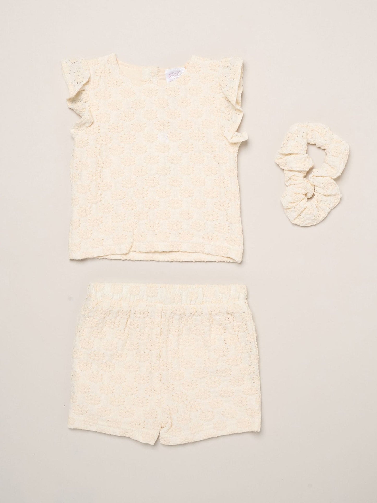 Miss White Textured Top Shorts And Scrunchie Outfit Set image 1