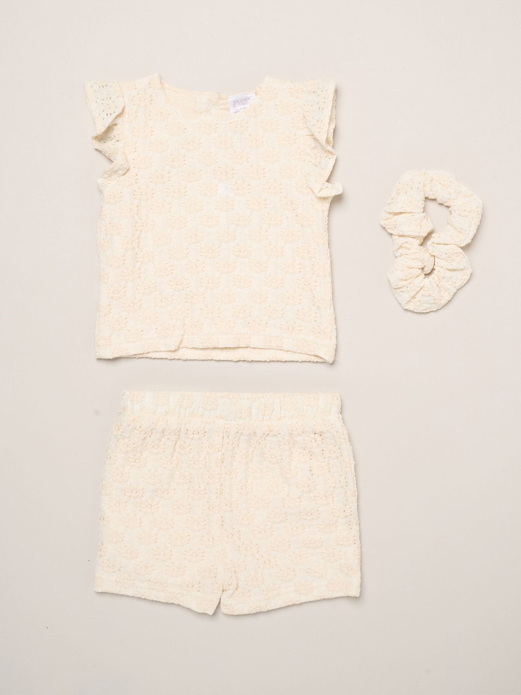 Miss White Textured Top Shorts And Scrunchie Outfit Set image 1