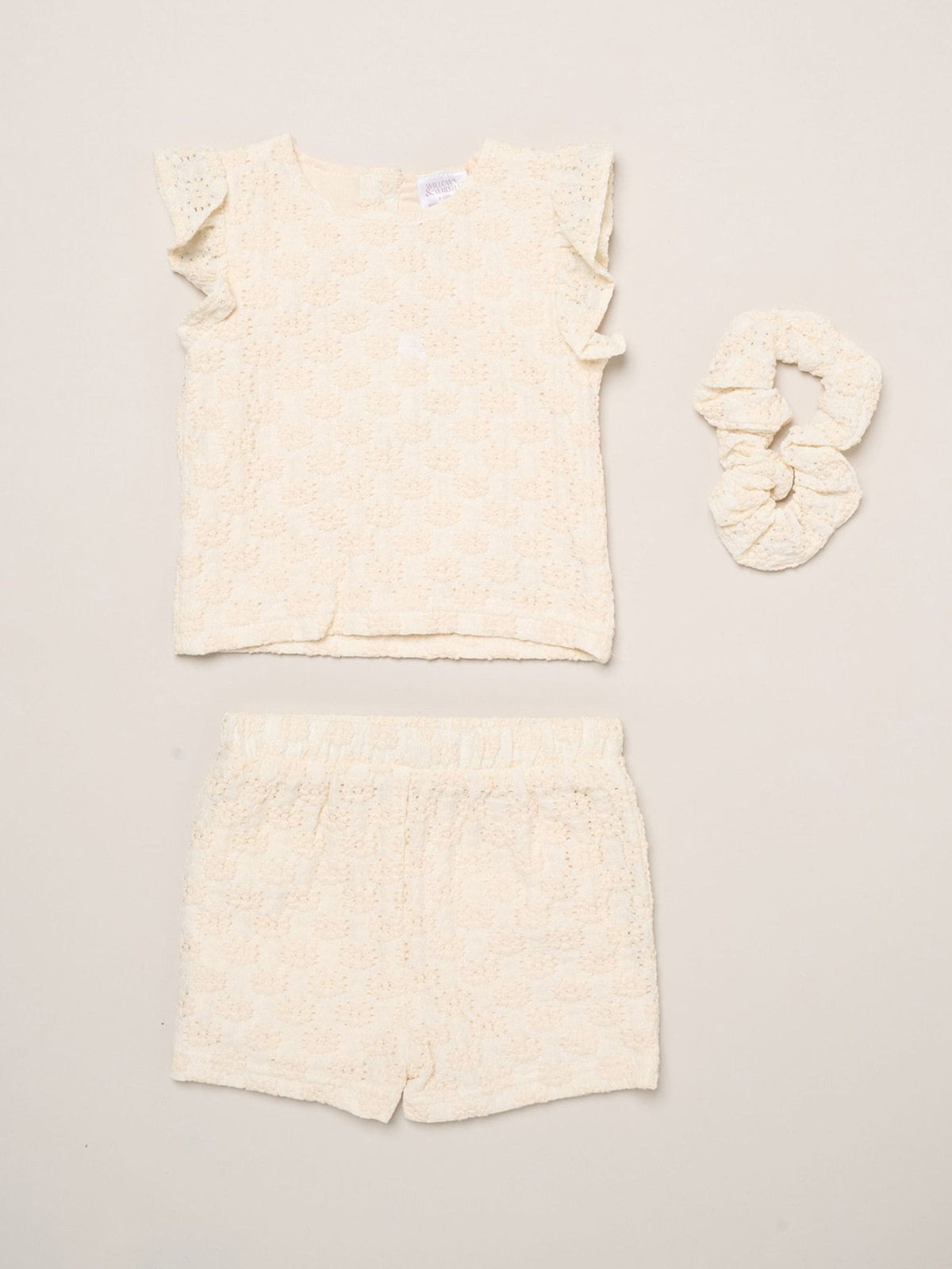 Dsiney Kidz - Miss White Textured Top Shorts And Scrunchie Outfit Set image 1