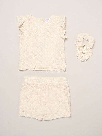 Miss White Textured Top Shorts And Scrunchie Outfit Set image 1