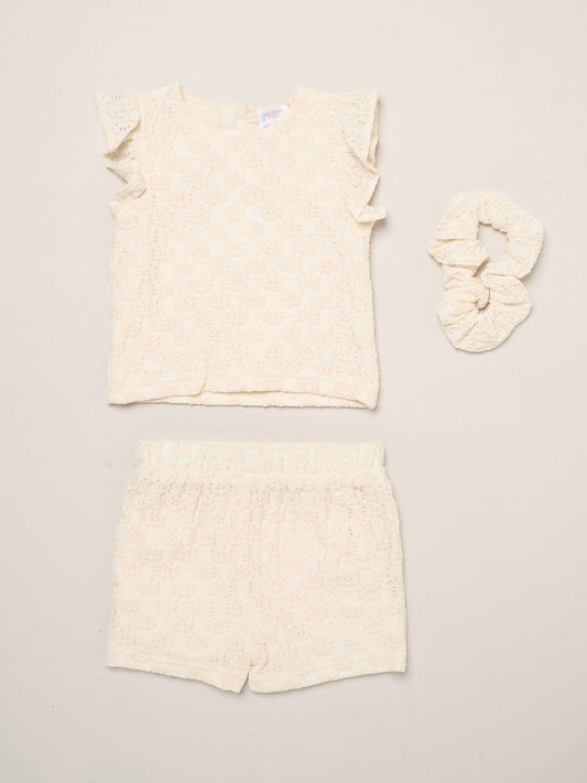 Miss White Textured Top Shorts And Scrunchie Outfit Set image 1