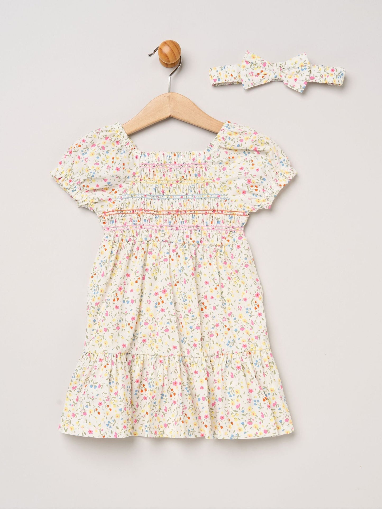 Miss White Ditsy Embroidered Smocked Dress With Headband Set image 1