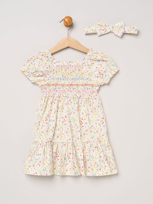 Dsiney Kidz - Miss White Ditsy Embroidered Smocked Dress With Headband Set image 1