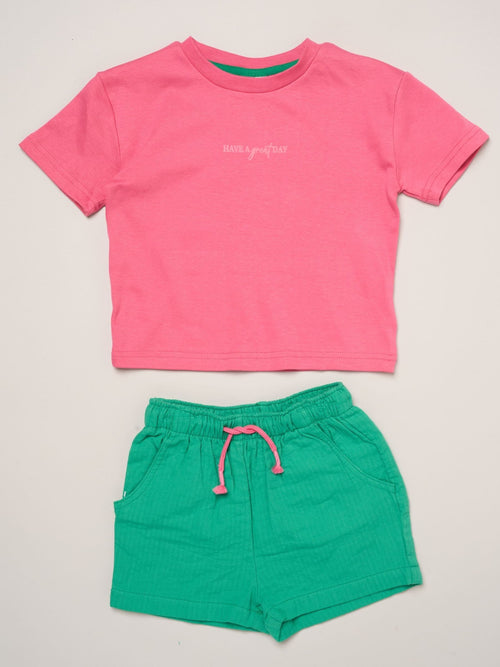 Dsiney Kidz - Miss Pink Short Sleeve Printed T-Shrit And Woven Crepe Shorts Outfit Set image 1