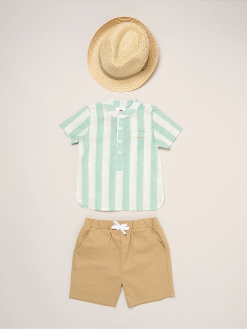 Little Gent Green Woven Stripe Shirt Shorts And Fedora Hat Set image 1