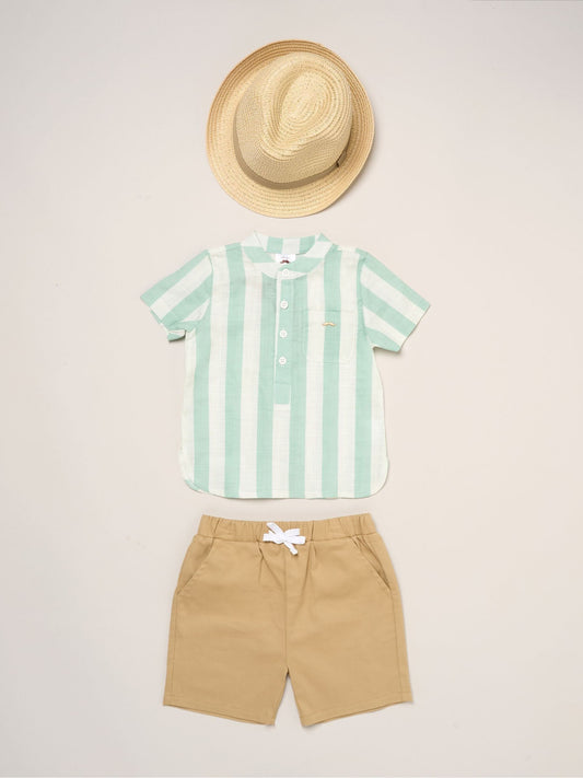 Little Gent Green Woven Stripe Shirt Shorts And Fedora Hat Set image 1
